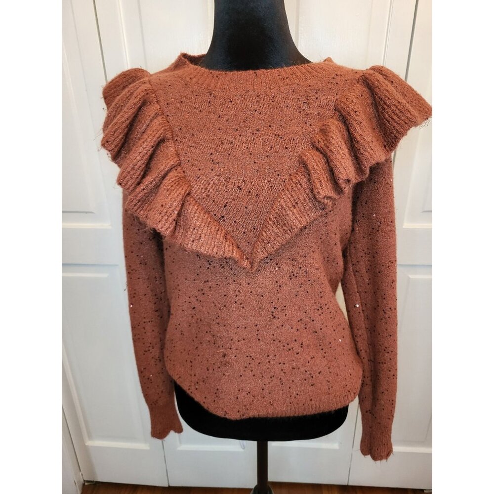 Lauren Conrad Copper Brown Ruffle Sequin Sweater XS Boho Fairy Sparkly Glam Cozy